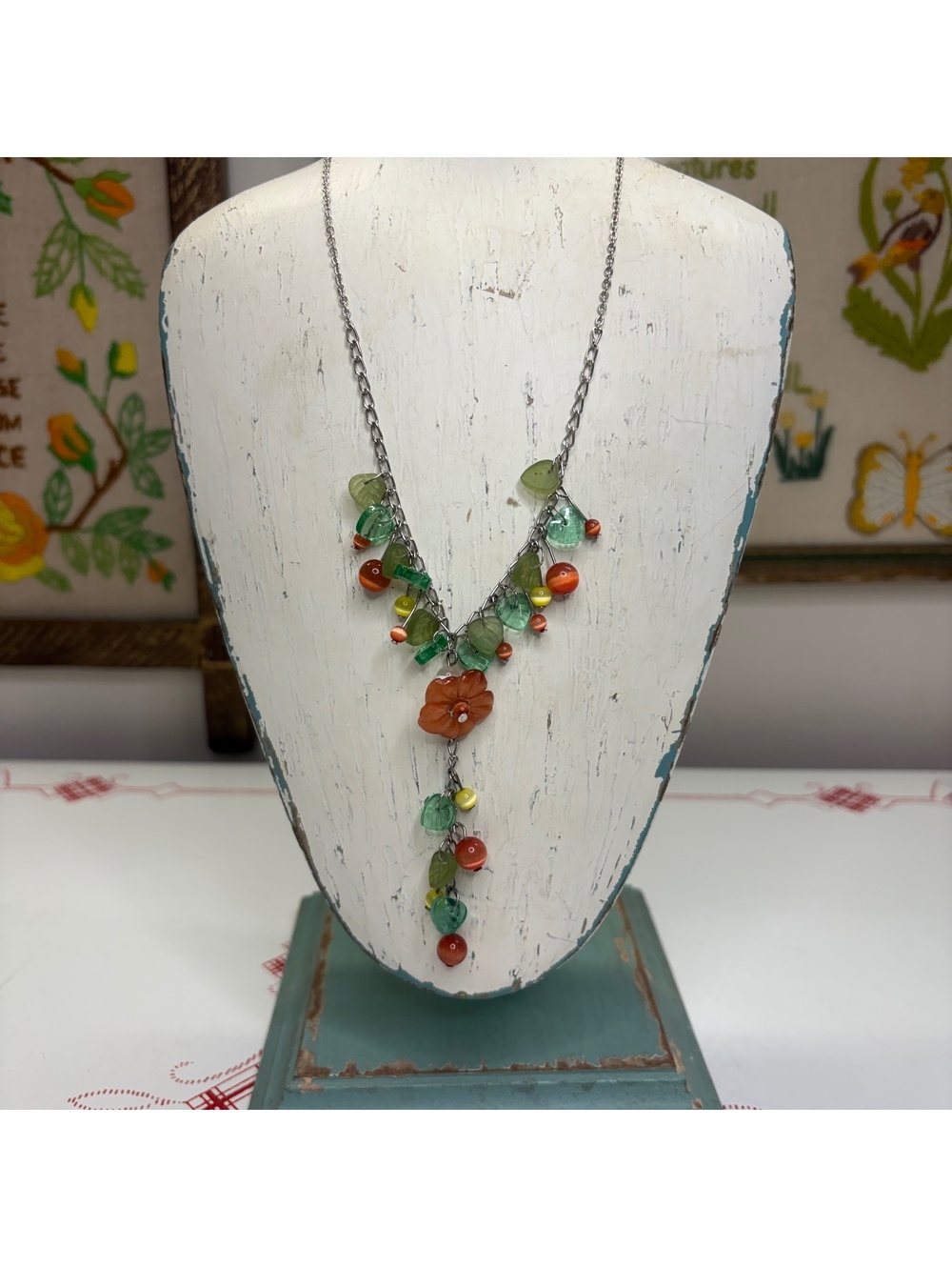 Silver tone fairy-core glass bead lariat necklace